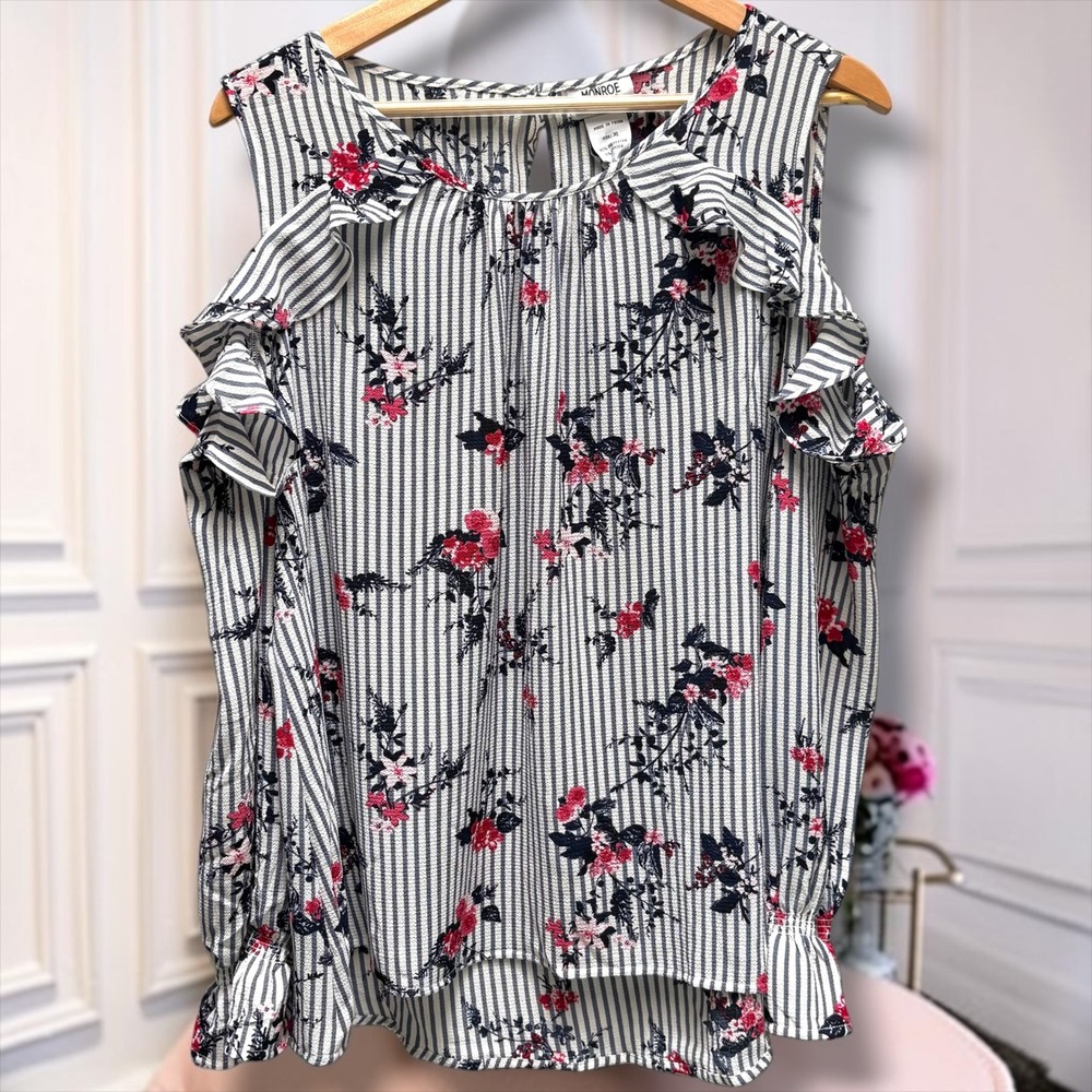 Monroe Womens XL Cold Shoulder Blouse Ruffle Floral Striped Smocked Cuff Top